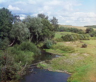 Река Колочь с моста при въезде в с. Бородино, куда впадает пологость редута Раевского.
